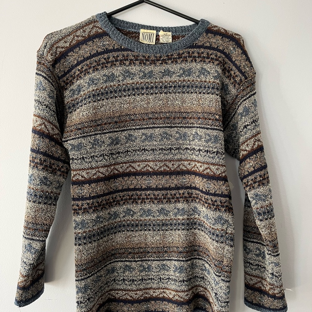 nomi Striped Fair Isle Crewneck Sweater - Blue, Brown & Cream